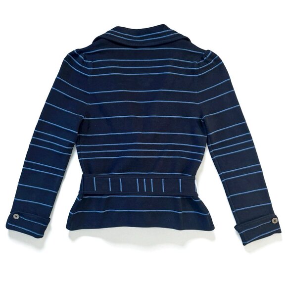 Karen Millen Navy Blue Striped Belted Sweater Jacket Snap Closure Women's Size 1 - Picture 2 of 6